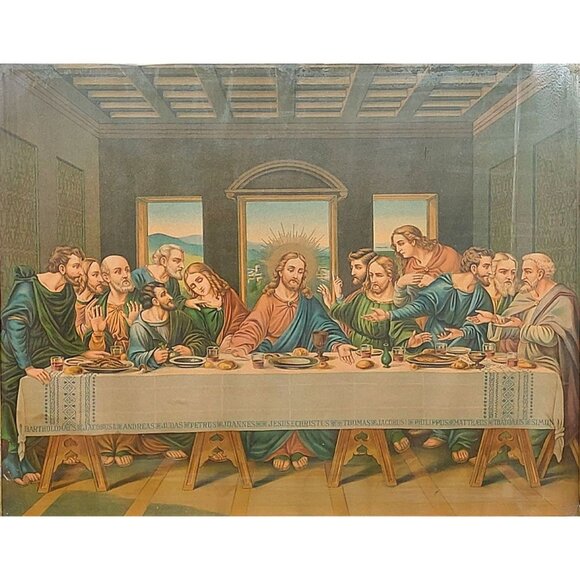 Vintage Last Supper Lithograph Print Wood Frame Glass 22.5"x18.5" - Picture 2 of 7